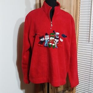 White Stag Red Zip Up Sweater with Holiday Characters